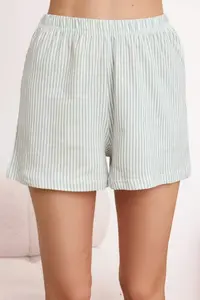 TRENDYOLMİLLA Green 100% Cotton Striped Slogan Printed Uyku Banded OF shorts Knitting Pajama Set - Image 3