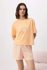 TRENDYOLMİLLA Orange 100% Cotton Striped Slogan Printed Uyku Banded OF shorts Knitting Pajama Set