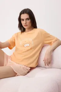 TRENDYOLMİLLA Orange 100% Cotton Striped Slogan Printed Uyku Banded OF shorts Knitting Pajama Set - Image 2