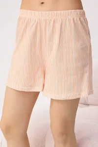 TRENDYOLMİLLA Orange 100% Cotton Striped Slogan Printed Uyku Banded OF shorts Knitting Pajama Set - Image 3