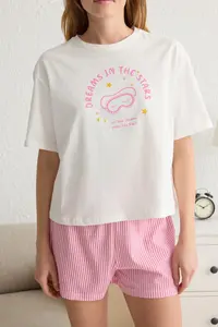 TRENDYOLMİLLA Pink 100% Cotton Striped Slogan Printed Uyku Banded OF shorts Knitting Pajama Set - Image 3