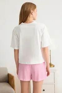 TRENDYOLMİLLA Pink 100% Cotton Striped Slogan Printed Uyku Banded OF shorts Knitting Pajama Set - Image 5