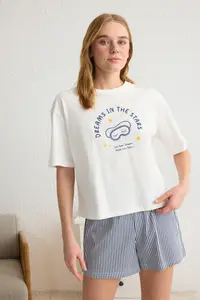 TRENDYOLMİLLA White-Blue 100% Cotton Striped Slogan Printed Uyku Banded OF shorts Knitting Pajama Set - Image 2