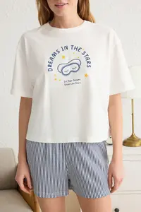 TRENDYOLMİLLA White-Blue 100% Cotton Striped Slogan Printed Uyku Banded OF shorts Knitting Pajama Set - Image 3