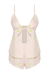 TRENDYOLMİLLA Powder Pink-Multicolored Floral Binding Detailed Viscose OF shorts Weaving Pajama Set - Image 6