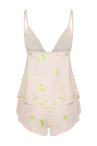 TRENDYOLMİLLA Powder Pink-Multicolored Floral Binding Detailed Viscose OF shorts Weaving Pajama Set - Image 7