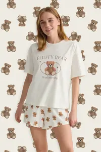 TRENDYOLMİLLA Light Beige 100% Cotton Teddy Bear and Slogan Printed OF shorts Knitting Pajama Set