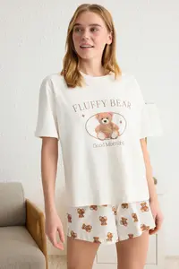 TRENDYOLMİLLA Light Beige 100% Cotton Teddy Bear and Slogan Printed OF shorts Knitting Pajama Set - Image 3