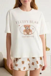 TRENDYOLMİLLA Light Beige 100% Cotton Teddy Bear and Slogan Printed OF shorts Knitting Pajama Set - Image 4