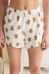TRENDYOLMİLLA Light Beige 100% Cotton Teddy Bear and Slogan Printed OF shorts Knitting Pajama Set - Image 5