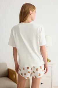 TRENDYOLMİLLA Light Beige 100% Cotton Teddy Bear and Slogan Printed OF shorts Knitting Pajama Set - Image 6