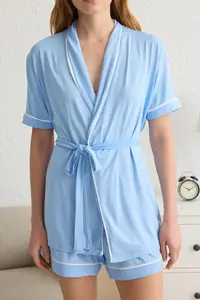 TRENDYOLMİLLA Mavi Belted Binding and Piping Detailed Viscose OF shorts Maternity Knitting Pajama Set - Image 3