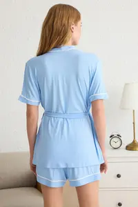 TRENDYOLMİLLA Mavi Belted Binding and Piping Detailed Viscose OF shorts Maternity Knitting Pajama Set - Image 6