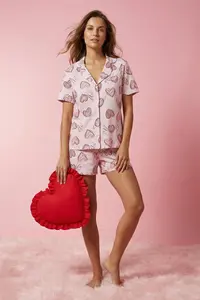 TRENDYOLMİLLA Pink-Multicolored 100% Cotton Kalpli OF shorts Knitting Pajama Set - Image 2