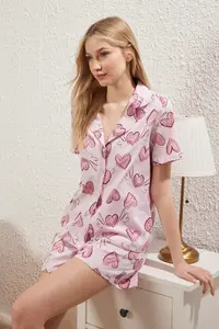 TRENDYOLMİLLA Pink-Multicolored 100% Cotton Kalpli OF shorts Knitting Pajama Set - Image 4