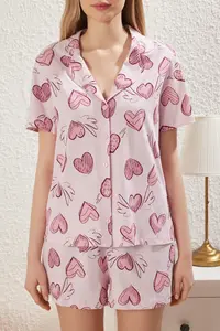 TRENDYOLMİLLA Pink-Multicolored 100% Cotton Kalpli OF shorts Knitting Pajama Set - Image 5