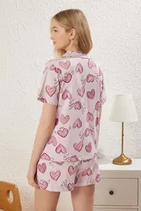TRENDYOLMİLLA Pink-Multicolored 100% Cotton Kalpli OF shorts Knitting Pajama Set - Image 7