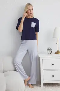 TRENDYOLMİLLA Mavi Star Patterned Pocket Detail Knitting Pajama Set