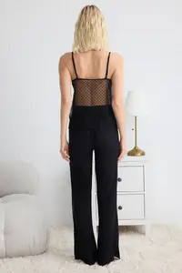 TRENDYOLMİLLA Black Polka Dot Lace Detailed Rope Sleeveless Viscose Weaving Pajama Set - Image 6