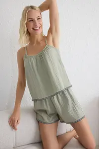 TRENDYOLMİLLA Green 100% Cotton Ethnic/Bohemian Stripe with accessories Muslin OF shorts Weaving Pajama Set - Image 2