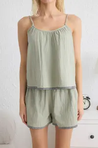 TRENDYOLMİLLA Green 100% Cotton Ethnic/Bohemian Stripe with accessories Muslin OF shorts Weaving Pajama Set - Image 3