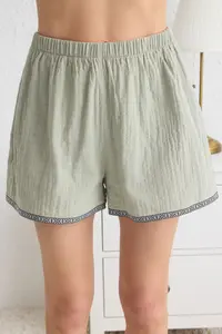 TRENDYOLMİLLA Green 100% Cotton Ethnic/Bohemian Stripe with accessories Muslin OF shorts Weaving Pajama Set - Image 4