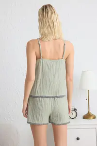 TRENDYOLMİLLA Green 100% Cotton Ethnic/Bohemian Stripe with accessories Muslin OF shorts Weaving Pajama Set - Image 5