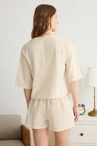 TRENDYOLMİLLA Beige Cotton tied up/with bow linen look OF shorts Weaving Pajama Set - Image 6