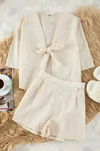 TRENDYOLMİLLA Beige Cotton tied up/with bow linen look OF shorts Weaving Pajama Set - Image 7