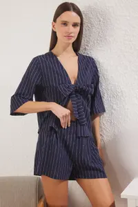 TRENDYOLMİLLA Navy Blue Cotton tied up/with bow linen look OF shorts Weaving Pajama Set