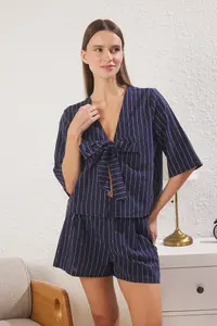 TRENDYOLMİLLA Navy Blue Cotton tied up/with bow linen look OF shorts Weaving Pajama Set - Image 2