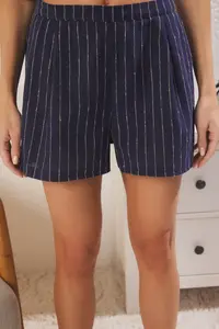 TRENDYOLMİLLA Navy Blue Cotton tied up/with bow linen look OF shorts Weaving Pajama Set - Image 3