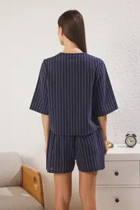 TRENDYOLMİLLA Navy Blue Cotton tied up/with bow linen look OF shorts Weaving Pajama Set - Image 4