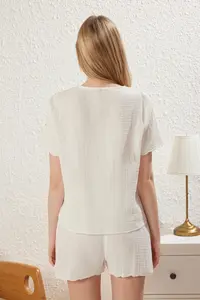TRENDYOLMİLLA Ecru 100% Cotton Floral Embroidered tied up/with bow Muslin OF shorts Weaving Pajama Set - Image 5