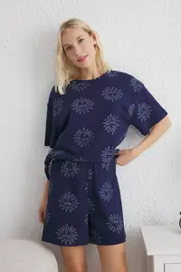 TRENDYOLMİLLA Navy Blue 100% Cotton Sun Patterned OF shorts Knitting Pajama Set - Image 4