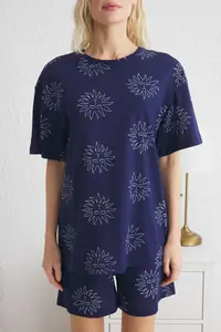TRENDYOLMİLLA Navy Blue 100% Cotton Sun Patterned OF shorts Knitting Pajama Set - Image 5