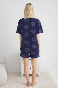 TRENDYOLMİLLA Navy Blue 100% Cotton Sun Patterned OF shorts Knitting Pajama Set - Image 7