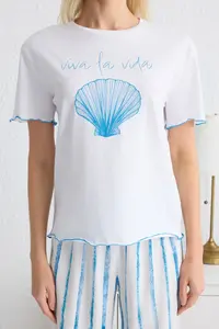 TRENDYOLMİLLA White-Blue Striped Printed Baby Overlock Detailed Viscose Knitting Pajama Set - Image 3