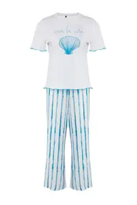 TRENDYOLMİLLA White-Blue Striped Printed Baby Overlock Detailed Viscose Knitting Pajama Set - Image 6