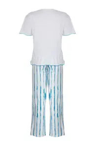 TRENDYOLMİLLA White-Blue Striped Printed Baby Overlock Detailed Viscose Knitting Pajama Set - Image 7