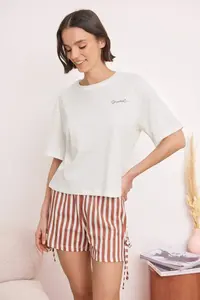 TRENDYOLMİLLA Ecru 100% Cotton Striped Binding Detailed OF shorts Knitting Pajama Set - Image 2
