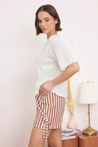 TRENDYOLMİLLA Ecru 100% Cotton Striped Binding Detailed OF shorts Knitting Pajama Set - Image 3