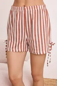 TRENDYOLMİLLA Ecru 100% Cotton Striped Binding Detailed OF shorts Knitting Pajama Set - Image 4