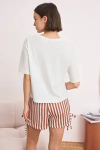 TRENDYOLMİLLA Ecru 100% Cotton Striped Binding Detailed OF shorts Knitting Pajama Set - Image 5