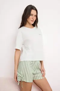 TRENDYOLMİLLA White-Green 100% Cotton Striped Binding Detailed OF shorts Knitting Pajama Set