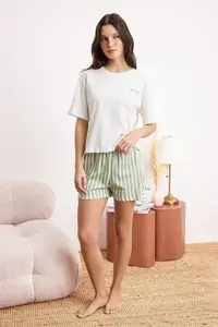 TRENDYOLMİLLA White-Green 100% Cotton Striped Binding Detailed OF shorts Knitting Pajama Set - Image 2