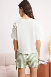 TRENDYOLMİLLA White-Green 100% Cotton Striped Binding Detailed OF shorts Knitting Pajama Set - Image 4