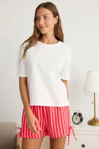 TRENDYOLMİLLA White-Pink 100% Cotton Striped Binding Detailed OF shorts Knitting Pajama Set - Image 2