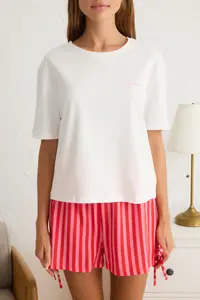 TRENDYOLMİLLA White-Pink 100% Cotton Striped Binding Detailed OF shorts Knitting Pajama Set - Image 3