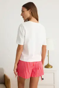TRENDYOLMİLLA White-Pink 100% Cotton Striped Binding Detailed OF shorts Knitting Pajama Set - Image 5